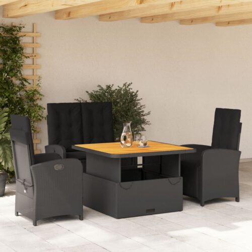 4-Piece Garden Dining Set with Cushions Black Poly Rattan Wicker Outdoor Patio Furniture - Image 2