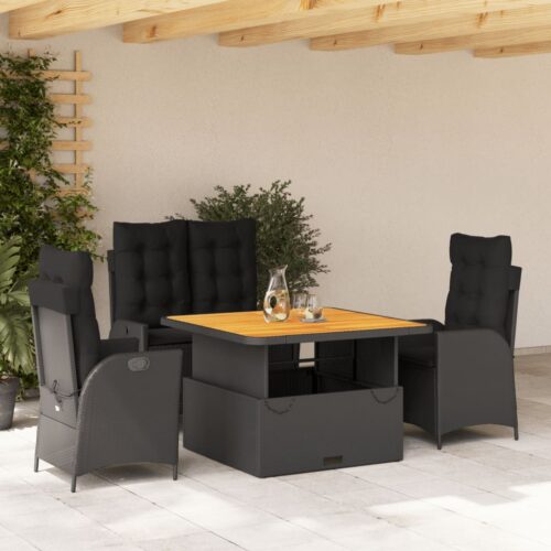 4-Piece Garden Dining Set with Cushions Black Poly Rattan Wicker Outdoor Patio Furniture - Image 2