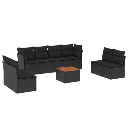 9-Piece Garden Sofa Set with Cushions Black Poly Rattan Wicker Outdoor Patio Furniture - Image 14