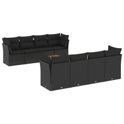 9-Piece Garden Sofa Set with Cushions Black Poly Rattan Wicker Outdoor Patio Furniture