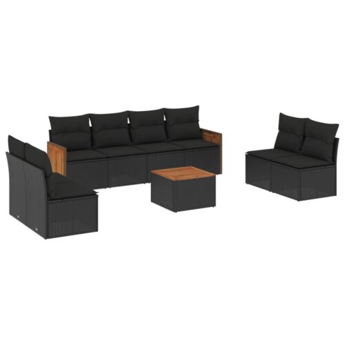 9-Piece Garden Sofa Set with Cushions Black Poly Rattan Wicker Outdoor Patio Furniture