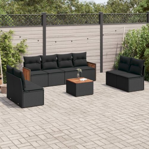 9-Piece Garden Sofa Set with Cushions Black Poly Rattan Wicker Outdoor Patio Furniture - Image 2