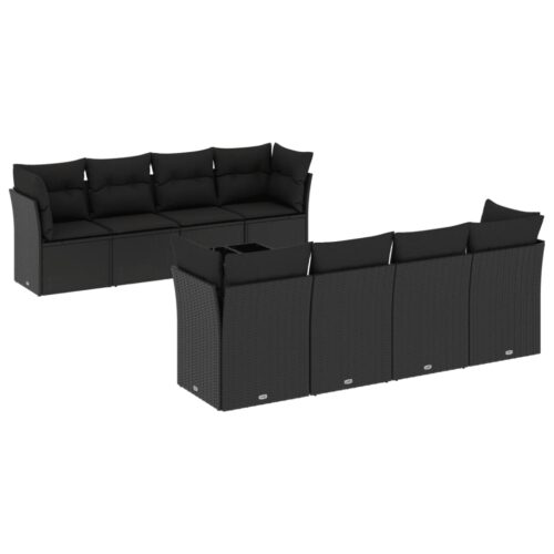 9-Piece Garden Sofa Set with Cushions Black Poly Rattan Wicker Outdoor Patio Furniture