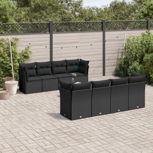 9-Piece Garden Sofa Set with Cushions Black Poly Rattan Wicker Outdoor Patio Furniture - Image 2