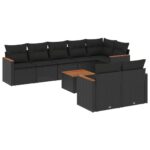 9-Piece Garden Sofa Set with Cushions Black Poly Rattan Wicker Outdoor Patio Furniture