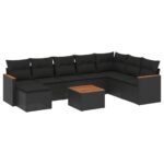9-Piece Garden Sofa Set with Cushions Black Poly Rattan Wicker Outdoor Patio Furniture