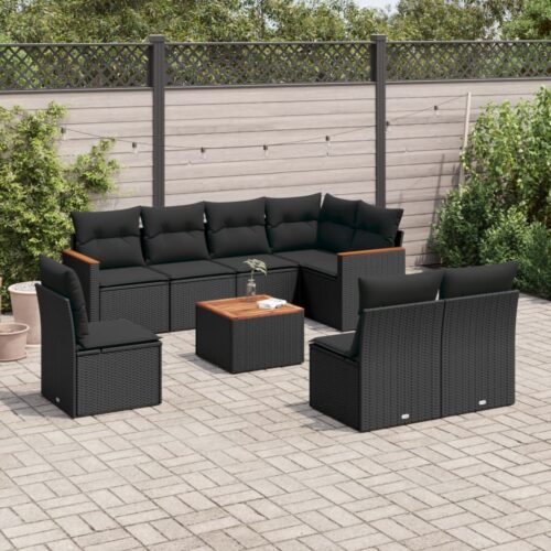 9-Piece Garden Sofa Set with Cushions Black Poly Rattan Wicker Outdoor Patio Furniture - Image 2
