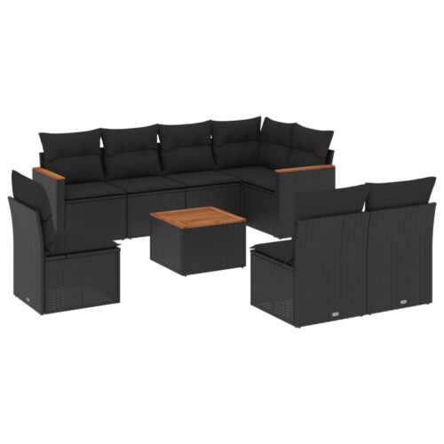 9-Piece Garden Sofa Set with Cushions Black Poly Rattan Wicker Outdoor Patio Furniture - Image 5