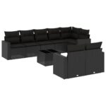 9-Piece Garden Sofa Set with Cushions Black Poly Rattan Wicker Outdoor Patio Furniture