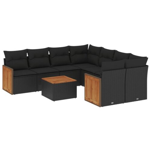 9-Piece Garden Sofa Set with Cushions Black Poly Rattan - Image 14