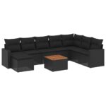 9-Piece Garden Sofa Set with Cushions Black Poly Rattan Wicker Outdoor Patio Furniture