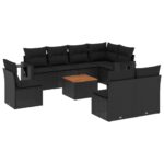 9-Piece Garden Sofa Set with Cushions Black Poly Rattan Wicker Outdoor Patio Furniture