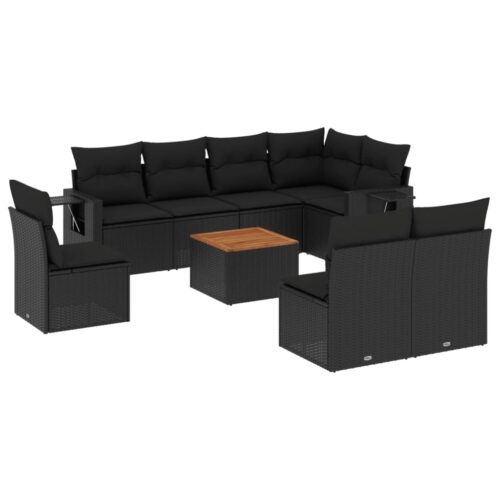 9-Piece Garden Sofa Set with Cushions Black Poly Rattan Wicker Outdoor Patio Furniture