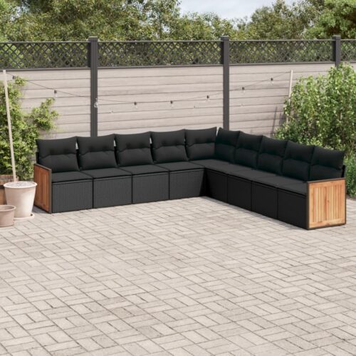 9-Piece Garden Sofa Set with Cushions Black Poly Rattan - Image 2
