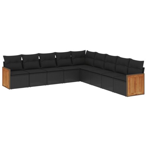 9-Piece Garden Sofa Set with Cushions Black Poly Rattan - Image 13