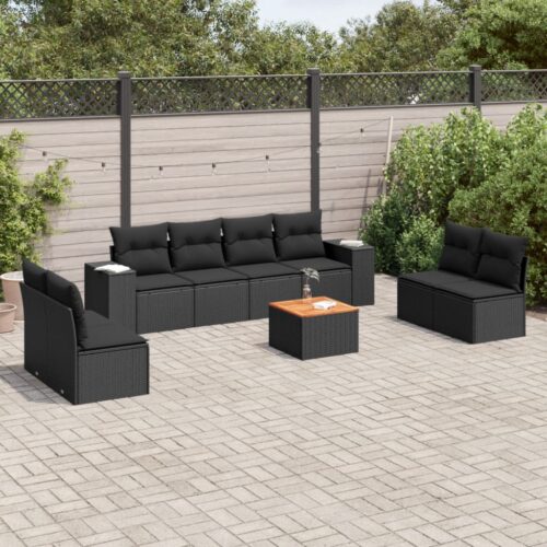9-Piece Garden Sofa Set with Cushions Black Poly Rattan Wicker Outdoor Patio Furniture - Image 2