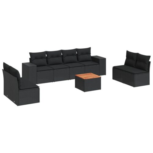 9-Piece Garden Sofa Set with Cushions Black Poly Rattan Wicker Outdoor Patio Furniture - Image 5