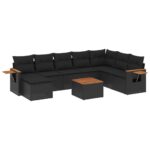 9-Piece Garden Sofa Set with Cushions Black Poly Rattan Wicker Outdoor Patio Furniture