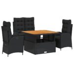4-Piece Garden Dining Set with Cushions Black Poly Rattan Wicker Outdoor Patio Furniture