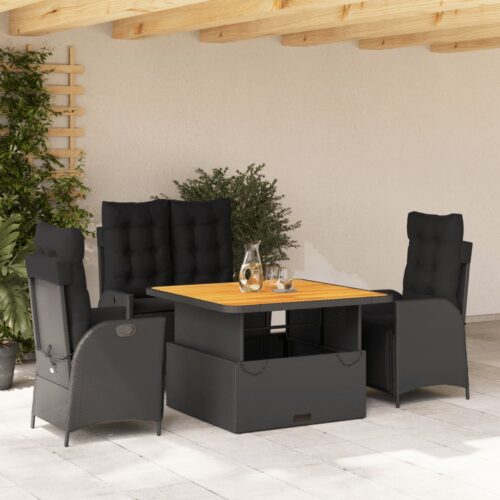 4-Piece Garden Dining Set with Cushions Black Poly Rattan Wicker Outdoor Patio Furniture - Image 2