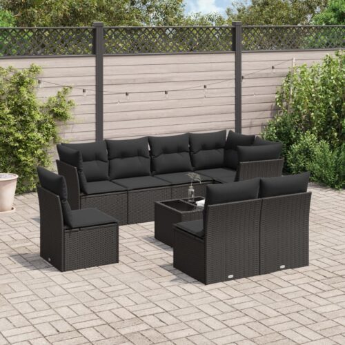 9-Piece Garden Sofa Set with Cushions Black Poly Rattan Wicker Outdoor Patio Furniture - Image 2