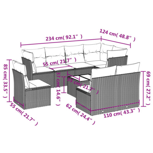 9-Piece Garden Sofa Set with Cushions Black Poly Rattan Wicker Outdoor Patio Furniture - Image 3