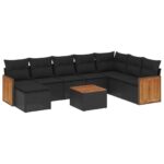 9-Piece Garden Sofa Set with Cushions Black Poly Rattan Wicker Outdoor Patio Furniture
