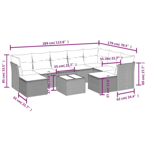 10-Piece Garden Sofa Set with Cushions Black Poly Rattan Wicker Outdoor Patio Furniture - Image 3