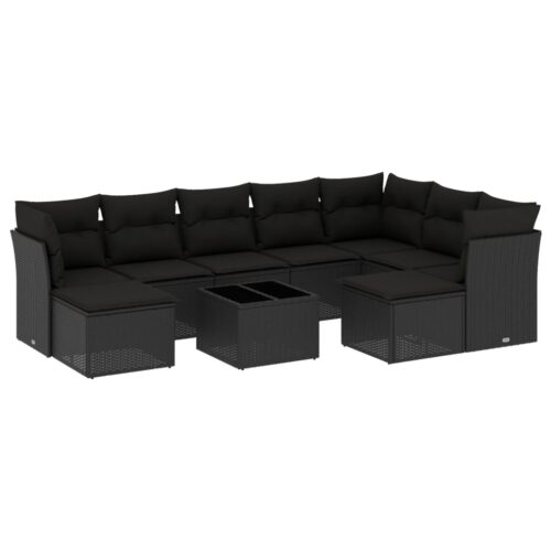 10-Piece Garden Sofa Set with Cushions Black Poly Rattan Wicker Outdoor Patio Furniture - Image 5