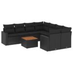 9-Piece Garden Sofa Set with Cushions Black Poly Rattan Wicker Outdoor Patio Furniture
