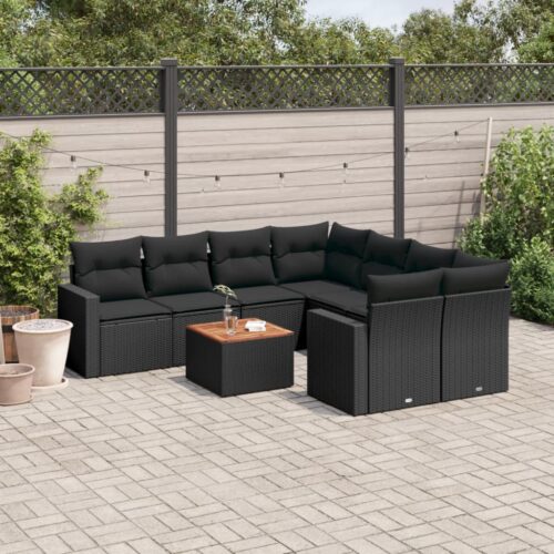 9-Piece Garden Sofa Set with Cushions Black Poly Rattan Wicker Outdoor Patio Furniture - Image 2