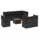 9-Piece Garden Sofa Set with Cushions Black Poly Rattan Wicker Outdoor Patio Furniture