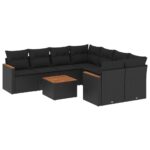 9-Piece Garden Sofa Set with Cushions Black Poly Rattan Wicker Outdoor Patio Furniture