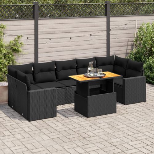 8-Piece Garden Sofa Set with Cushions Black Poly Rattan Wicker Outdoor Patio Furniture - Image 2
