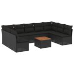 10-Piece Garden Sofa Set with Cushions Black Poly Rattan Wicker Outdoor Patio Furniture