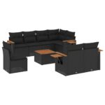 9-Piece Garden Sofa Set with Cushions Black Poly Rattan
