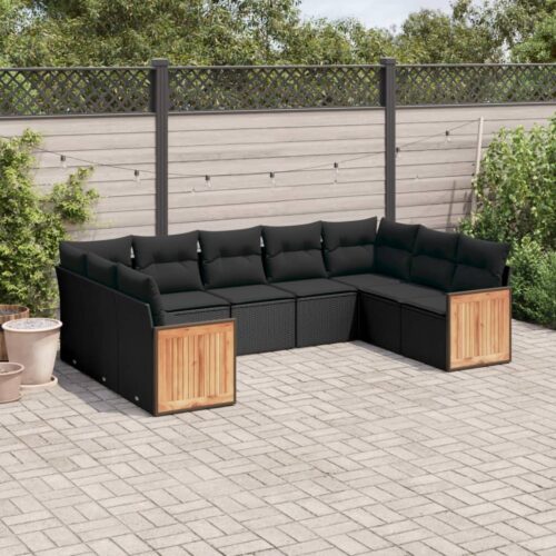 9-Piece Garden Sofa Set with Cushions Black Poly Rattan - Image 2