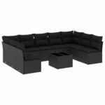 10-Piece Garden Sofa Set with Cushions Black Poly Rattan Wicker Outdoor Patio Furniture