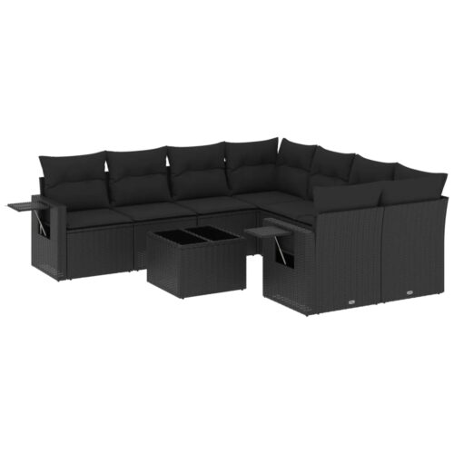 9-Piece Garden Sofa Set with Cushions Black Poly Rattan Wicker Outdoor Patio Furniture