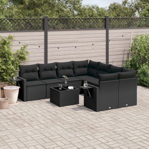 9-Piece Garden Sofa Set with Cushions Black Poly Rattan Wicker Outdoor Patio Furniture - Image 2