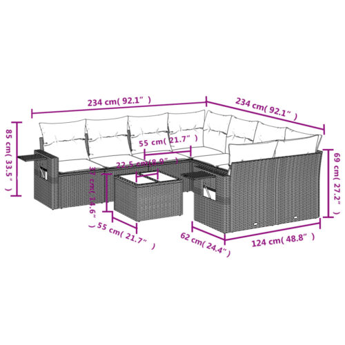 9-Piece Garden Sofa Set with Cushions Black Poly Rattan Wicker Outdoor Patio Furniture - Image 3