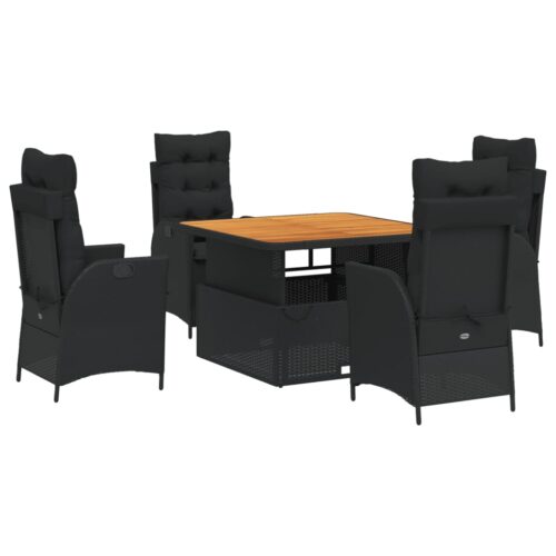 5-Piece Garden Dining Set with Cushions Black Poly Rattan