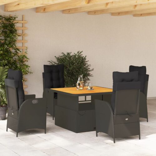 5-Piece Garden Dining Set with Cushions Black Poly Rattan - Image 2