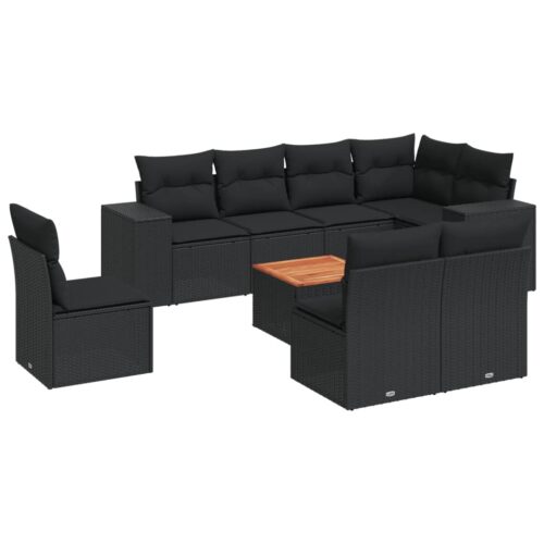 9-Piece Garden Sofa Set with Cushions Black Poly Rattan Wicker Outdoor Patio Furniture