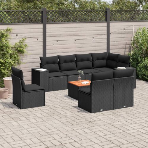 9-Piece Garden Sofa Set with Cushions Black Poly Rattan Wicker Outdoor Patio Furniture - Image 2