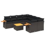 9-Piece Garden Sofa Set with Cushions Black Poly Rattan Wicker Outdoor Patio Furniture