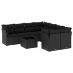 9-Piece Garden Sofa Set with Cushions Black Poly Rattan Wicker Outdoor Patio Furniture