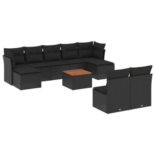 10-Piece Garden Sofa Set with Cushions Black Poly Rattan Wicker Outdoor Patio Furniture