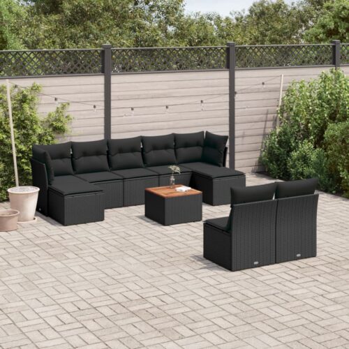 10-Piece Garden Sofa Set with Cushions Black Poly Rattan Wicker Outdoor Patio Furniture - Image 2