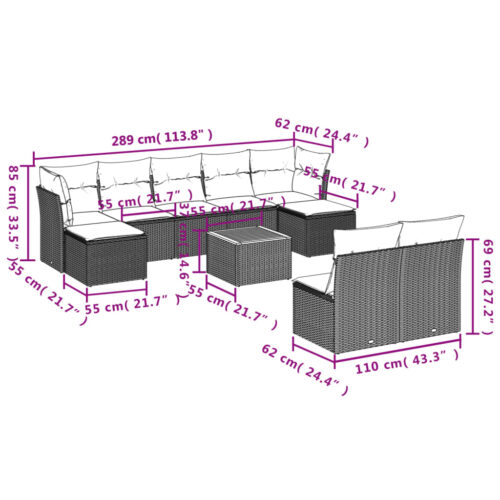 10-Piece Garden Sofa Set with Cushions Black Poly Rattan Wicker Outdoor Patio Furniture - Image 11